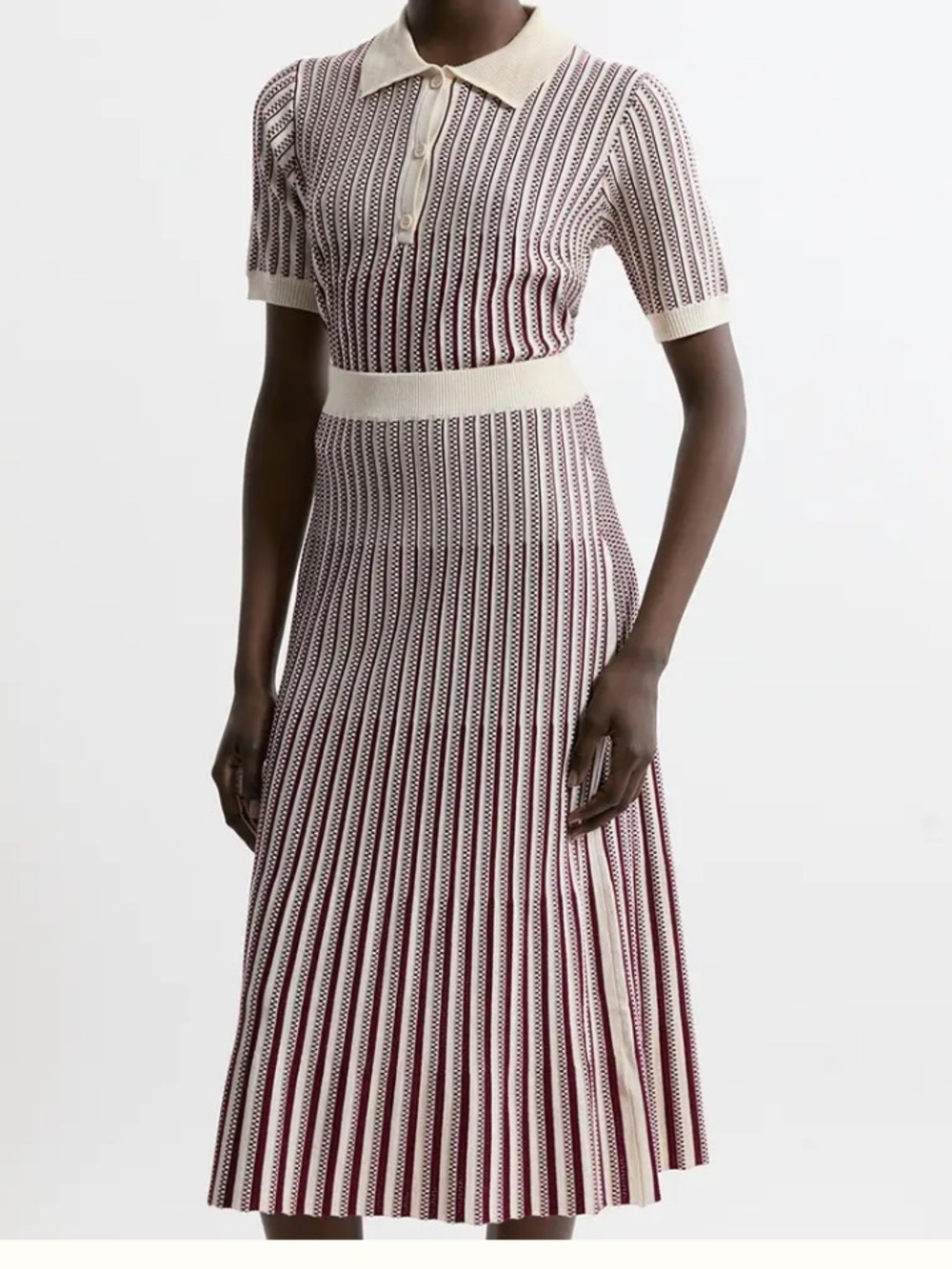 Karen Millen Knit Stripe Midi Skirt in Cream and Burgundy